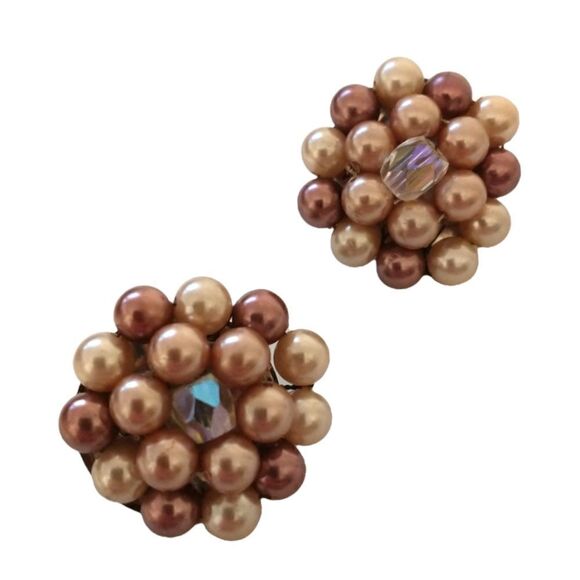 Faux Pearl Cluster Earrings Beaded AB Crystals Clip On Japan MCM Purple Pinks - Picture 14 of 16